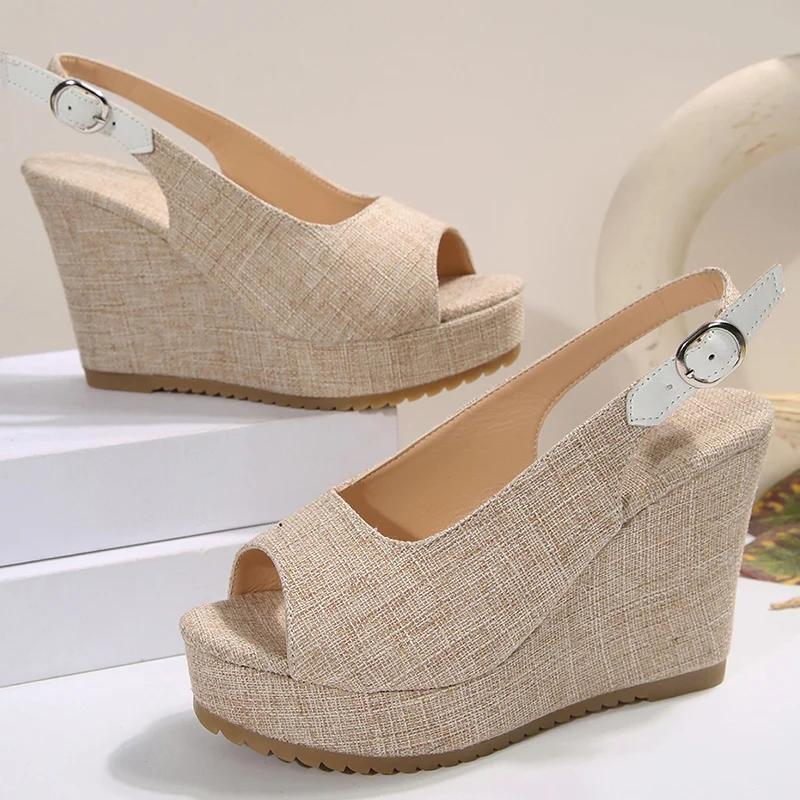 Fashion Fashion Women's Back Strap Chunky Platform Sandal Summer Peep Toe High Heel Sandals Woman New Non Slip Wedge Beige Sandal Female