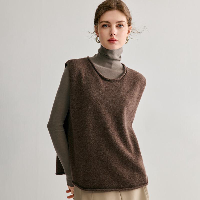 100% Pure Cashmere Rolled Hem Sleeveless Shawl Collar Women's Vest for Autumn/Winter