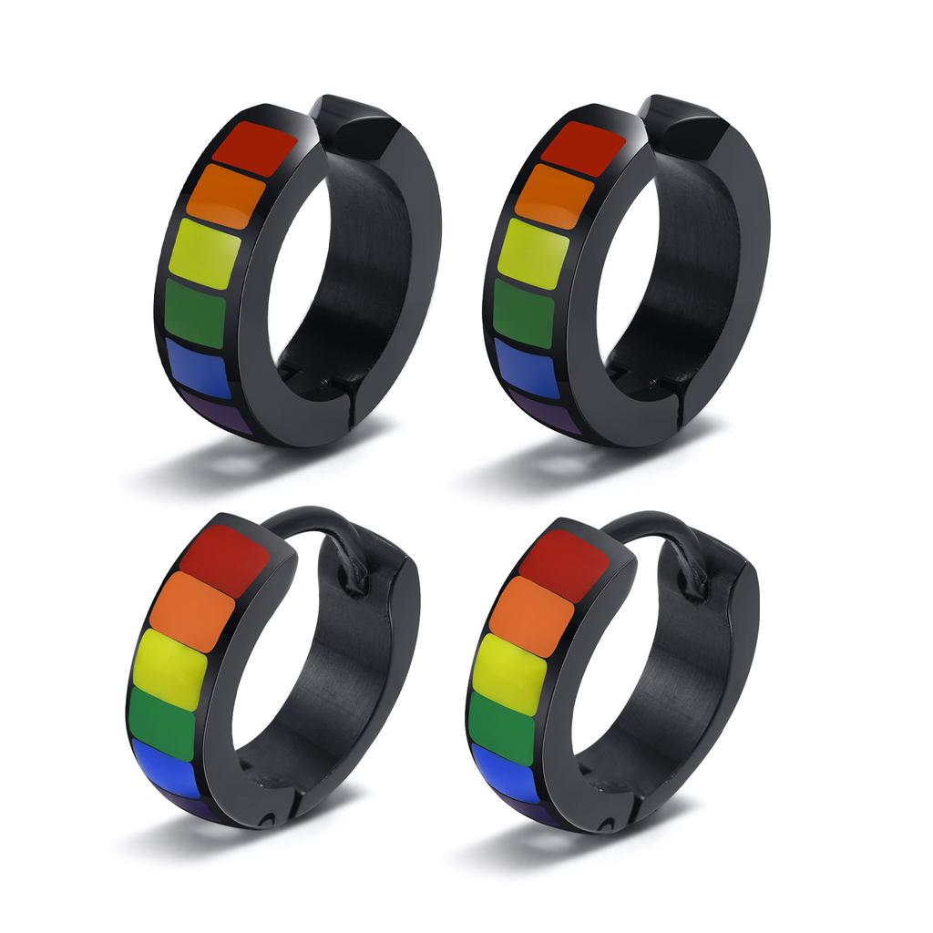 Stainless Steel Rainbow Earrings Pierced Ear Clips Black Gay Pride LGBT Titanium Jewelry