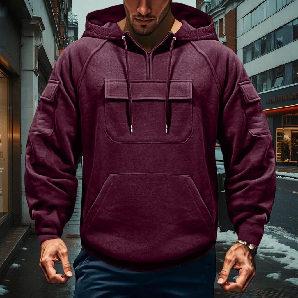 Men's Cargo Hoodie | Drawstring Multi-Pocket, Solid Color For Outdoor & Casual Wear