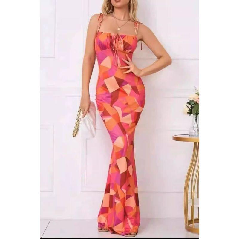 Export Pure Desire Exquisite Print Spaghetti Straps Slimming Adult Lady Like Woman Fishtail Stylish Fashion Sexy Banquet Tied Dress