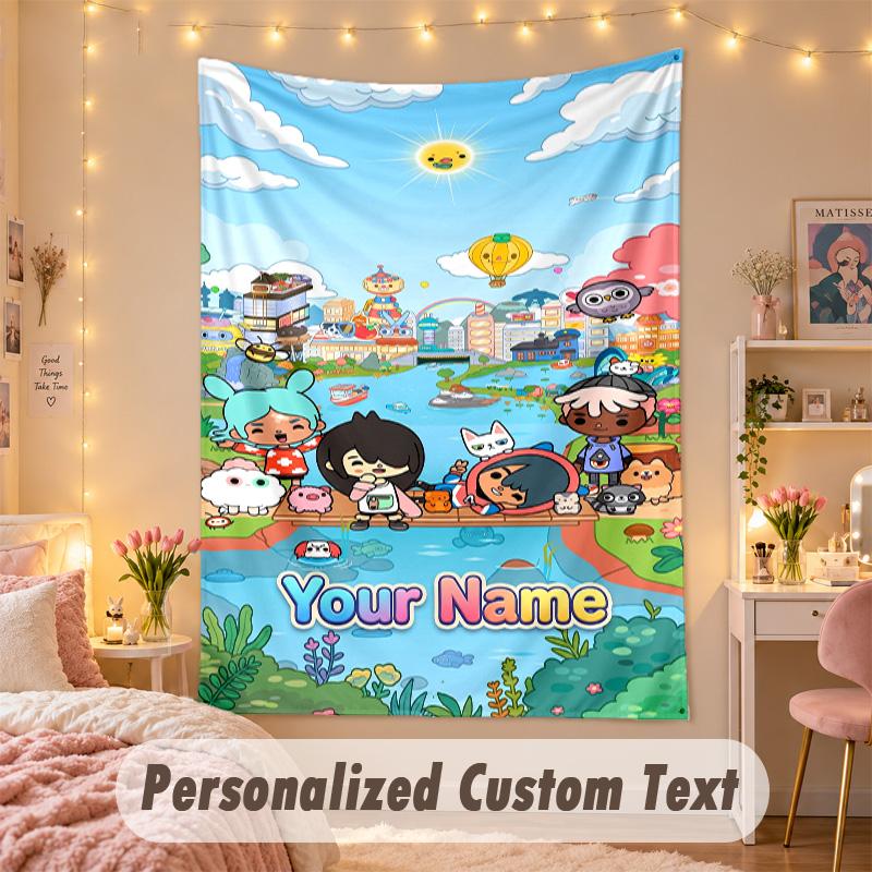 Tapisserie Personnalisée sur Mesure, Impression Toca Boca Texte Nom Personnalisé Art Mural Suspendu pour Chambre à Coucher