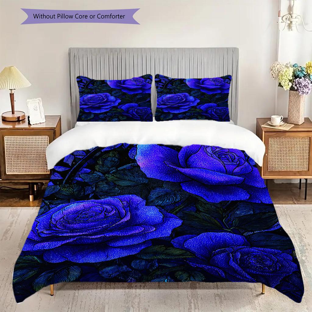 Blue Rose Pattern Bedding Quilt Set Quilt Cover Pillowcase Home Decoration Birthday Gift (1 * Duvet Cover + 2 * Pillowcase, Without Core)