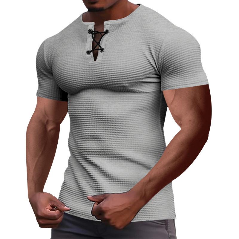 Camiseta Henley de Verano para Hombre de Corte Slim con Cordones - Transpirable Manga Corta Deportes Casual Moda