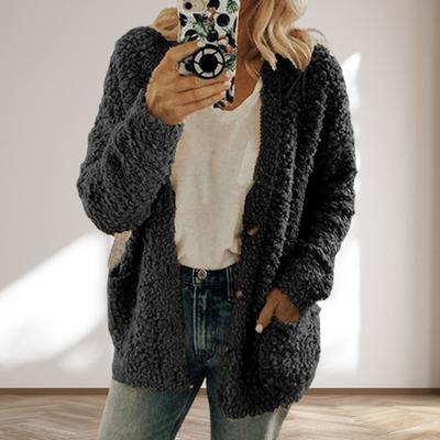 Abrigo de felpa para mujer, chaqueta de un solo pecho de manga larga con bolsillos, abrigo de felpa grueso y cálido de color sólido para uso diario en el trabajo en otoño e invierno