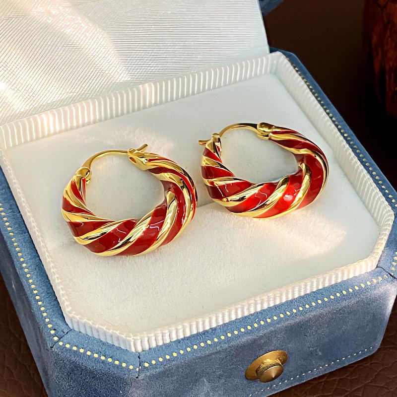 Ankara Červené Kapkové Glazurované Kroužky s Krouceným Uzlem - Špičkové Smaltované Barevné Blokové Náušnice Klipsy.