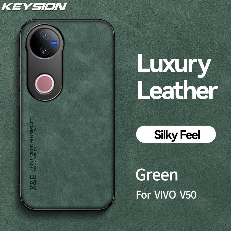 KEYSION Luxusní retro PU kožené pouzdro pro VIVO V50 5G Měkký silikon + PC nárazuvzdorný zadní kryt telefonu pro VIVO V50 5G