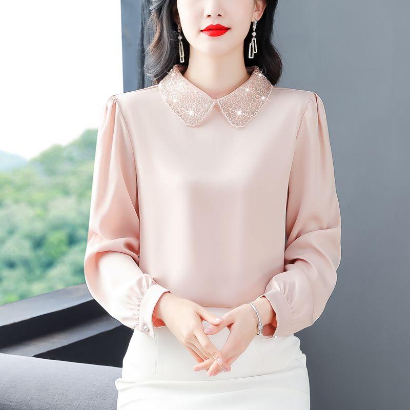 Elegant Rhinestone Long Sleeve Shirt Loose Fit Women Blouse Spring Autumn Trendy Plus Size Top Slimming