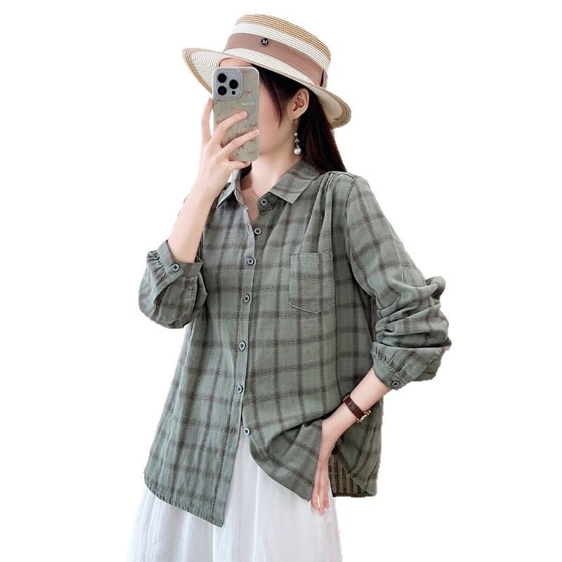 Double-layer Cotton Yarn Pure Cotton Plaid Shirt Women's Japanese Retro Casual Style Spring and Autumn New Loose and Thin Long-sleeved Shirt