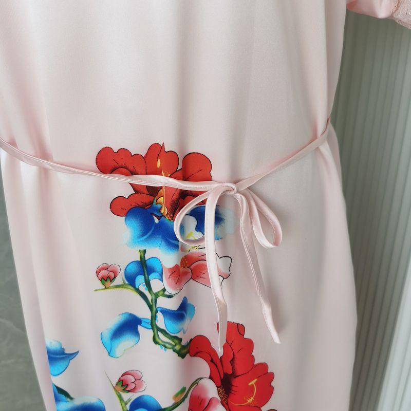 Silk Pajamas for Women 2022 New Arrival Summer Thin Short-Sleeved Lace Nightdress V Neck Pink Flower Sleeping Dress