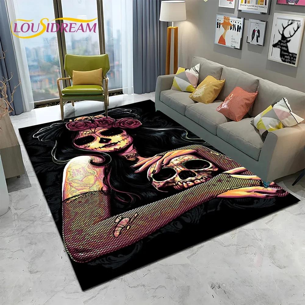 Horror Gothic Female Skull Dead Girl Teppich Teppich für Zuhause Wohnzimmer Schlafzimmer Sofa Fußmatte Dekor, Kinderbereich Teppich rutschfeste Bodenmatte
