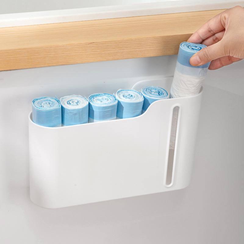 Wall Hanging Nail-Free Plastic Garbage Bag Holder Mounted Trash Bag Storage Box Cotton Pad Container For Home Kitchen Bathroom