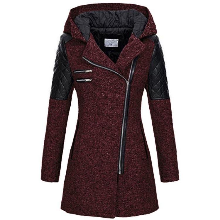 Women Hooded Mid Length Warm Windbreaker Coat with Oblique Zipper Woolen