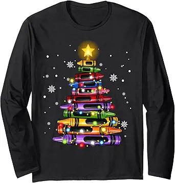 Teacher Crayon Christmas Tree Lights Student School Unisex Long Sleeve Pullovers T-Shirt
