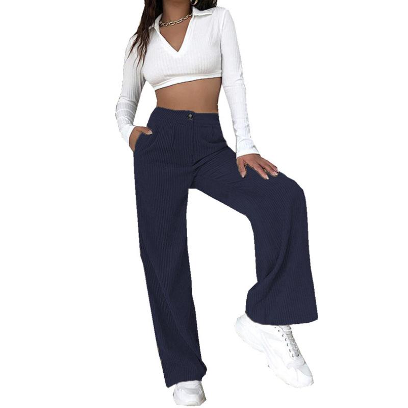 Spring 2026 New Women's High-waisted Casual Pants Solid Color Corduroy Loose Straight Trousers Women