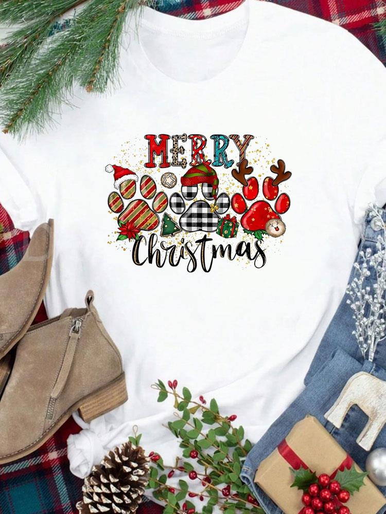 (Asian Size) Tee New Year Holiday Merry Christmas Top Festival Casual Leopard Tree Style Cute Women Print Lady Short Sleeve Fashion Graphic T-shirts