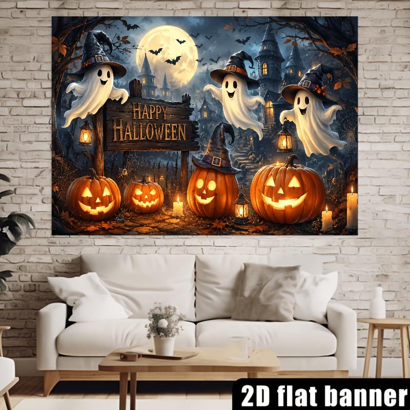 2D flat Halloween-themed background fabric, featuring ghosts wearing witch hats and glowing pumpkin lanternszyc