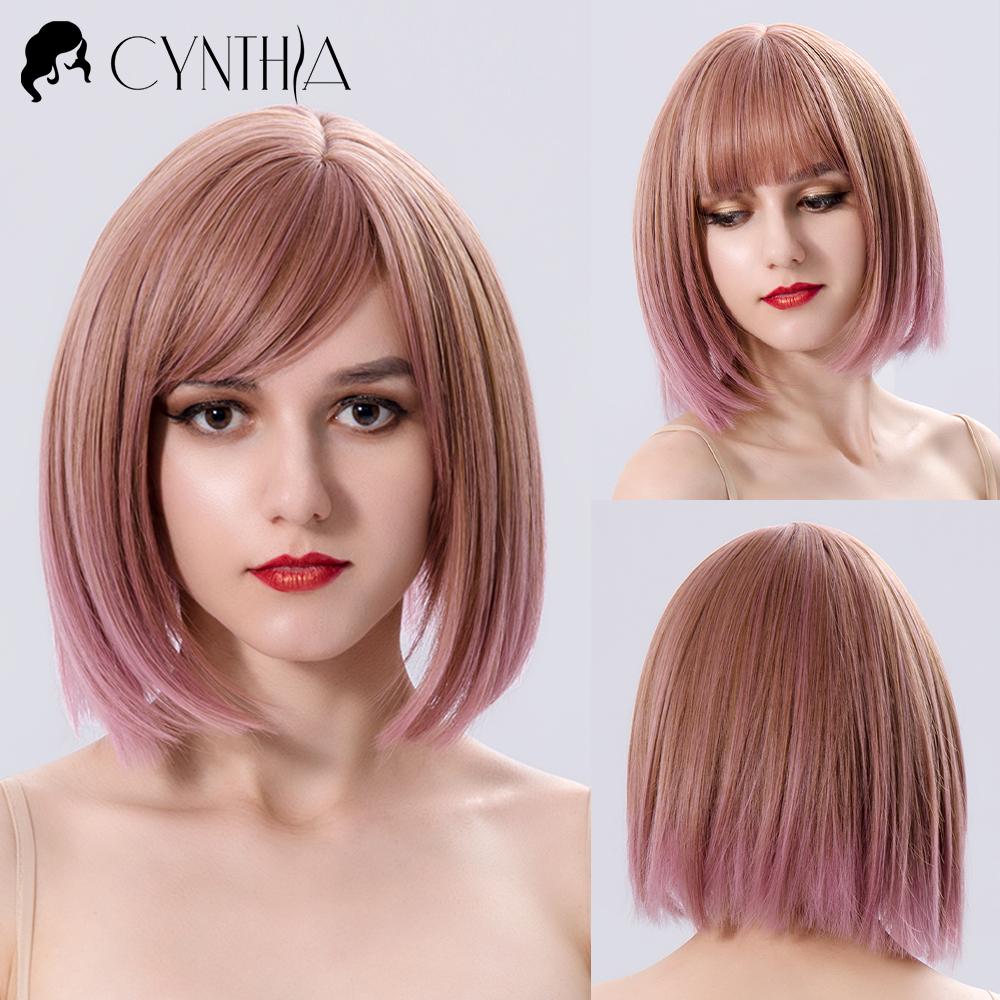Green Short Bob Hair Synthetic Wig For Woman With Bangs Blonde Ombre Pink Cosplay Lolita Party Heat Resistant Daily Natural Hair
