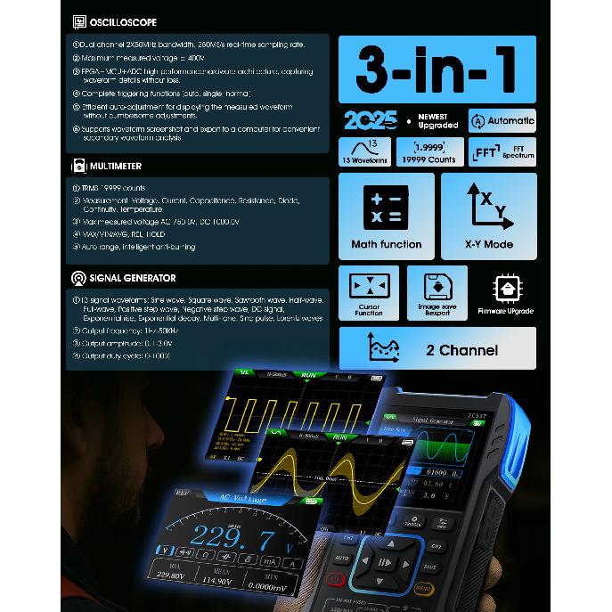 Professional Handheld Oscilloscope Multimeter 3-in-1 2 Channels 2C23/2C53T with DDS Generator 250MS/s Sampling Rate 19999 Counts