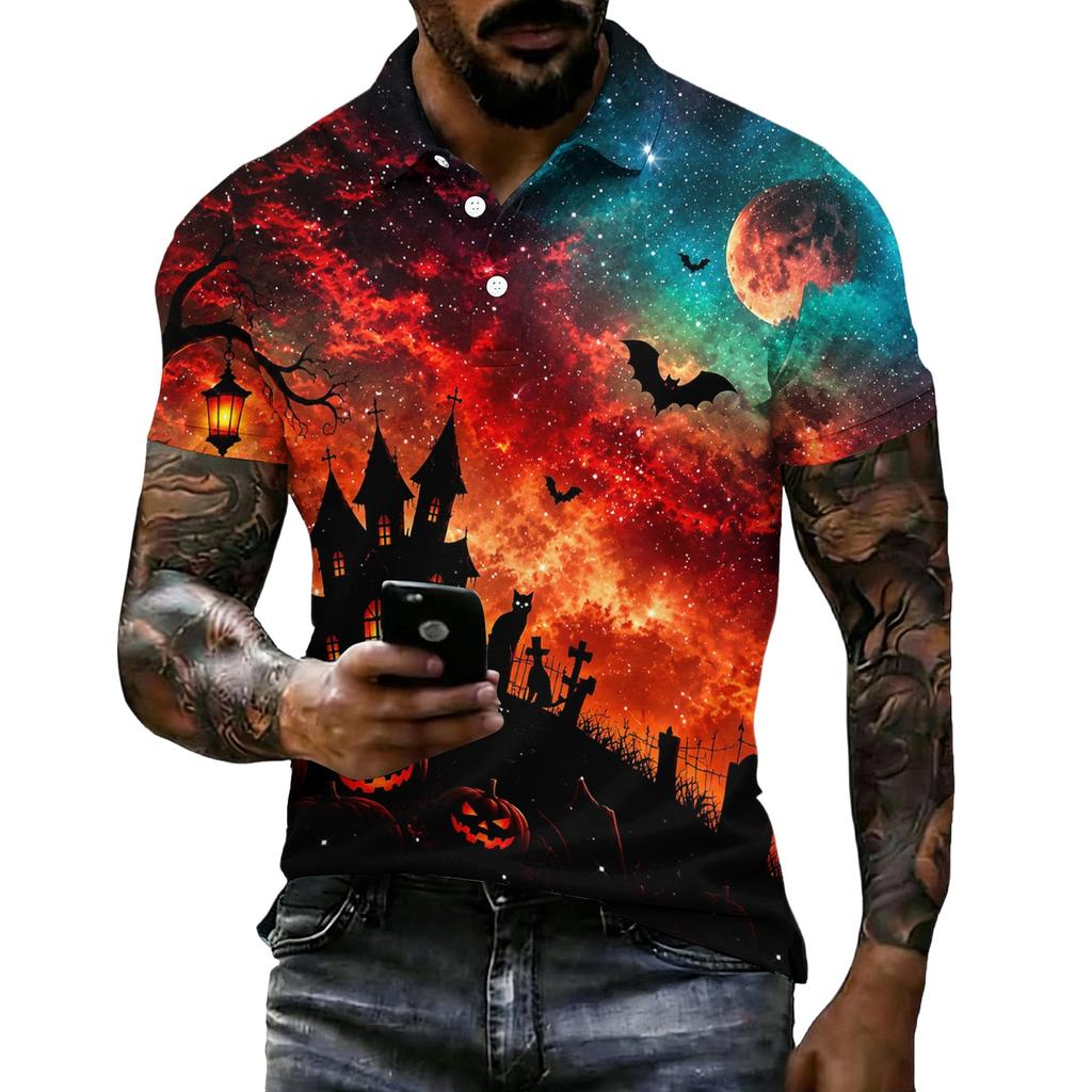 Unisex Loose Fit Casual Short Sleeve Polo Shirt with Halloween Themed Print for Everyday and Seasonal Wear