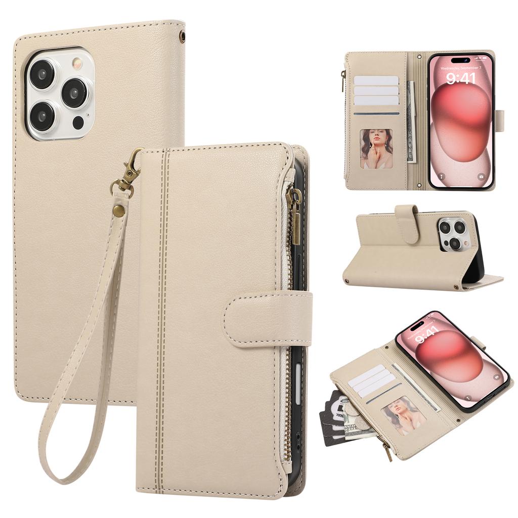 For iPhone 16 Pro Case Multi Card Slots Zipper Leather Phone Cover with Wrist Strap