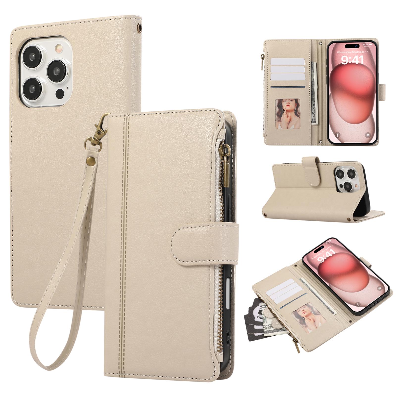 

For iPhone 16 Pro Case Multi Card Slots Zipper Leather Phone Cover with Wrist Strap Beige