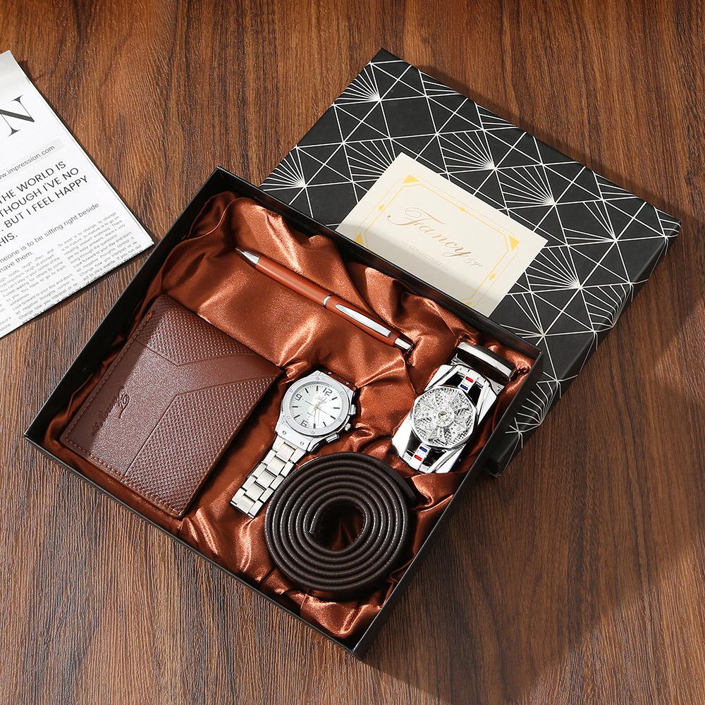 Premium Men's Souvenir Gift Set Custom Logo Leather Wallet Belt Watch Sunglasses 4-Piece Valentine Birthday Luxury Box