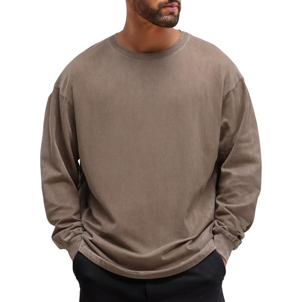 Men's And Women's Casual High-weight Washed Distressed Long-sleeved Men's Off-the-shoulder Retro Loose Round-neck All-cotton Top