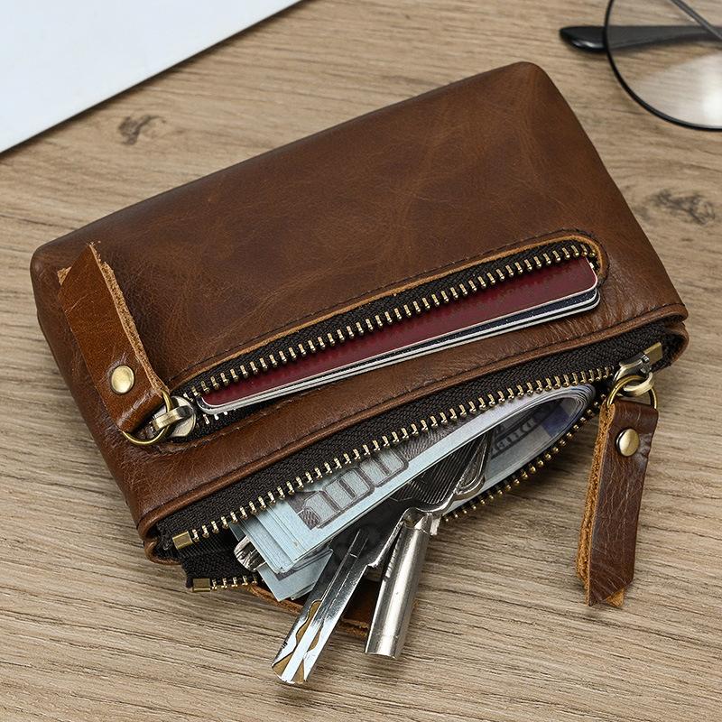 Crazy Horse Leather Zero Wallet Men's Retro Genuine Belt Keyring Leather Coin Bag Key Bag