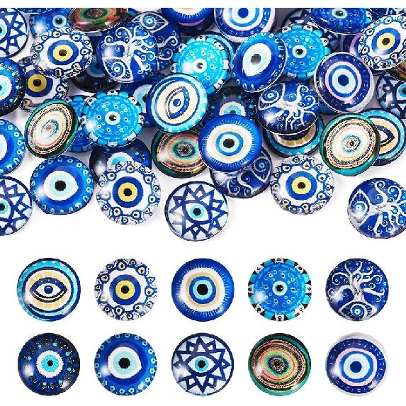 Pandahall 60Pcs Evil Eye Glass Cabochons - 12mm Half Round Flatback Dome Lucky Eye Cameo Gem Cover Beads for Pendant Props Photo Jewelry Making
