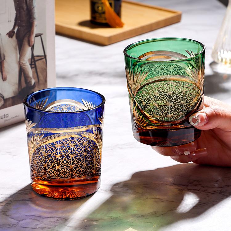 Japanese Hand Carved Edo Kiriko Crystal Glass Whiskey Cup For Men Collectible Barware