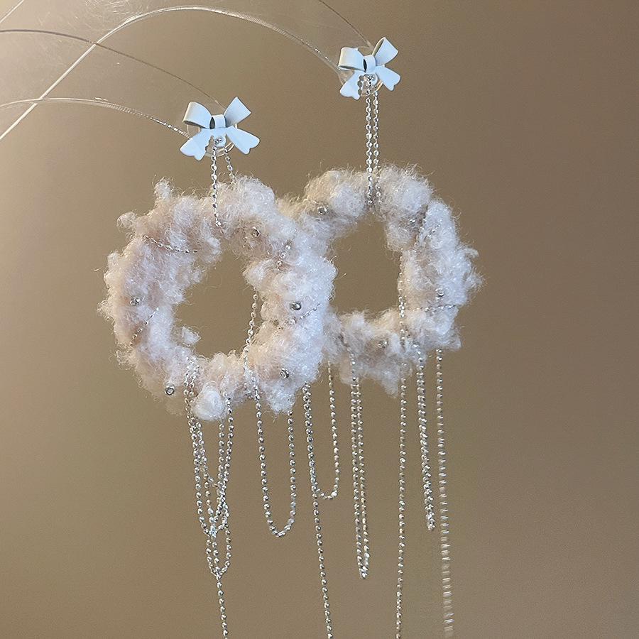 Silver Needle Fluffy Tassel Bow Earrings: Retro, Creative, High-End Winter Accessories for Women