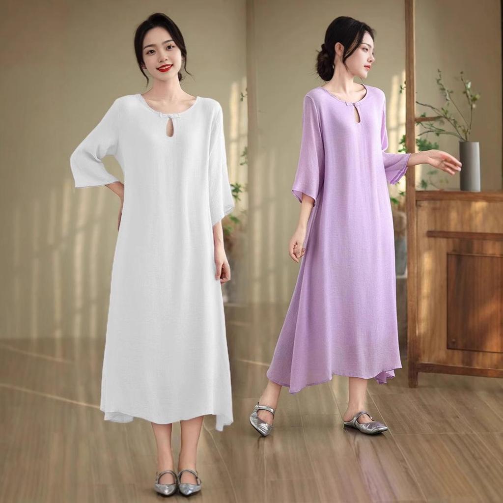 2025 Letní Retro Volný Střih Plus Size Kulatý Výstřih Dlouhé Šaty se Sedmirukávovým Rukávem pro Ženy