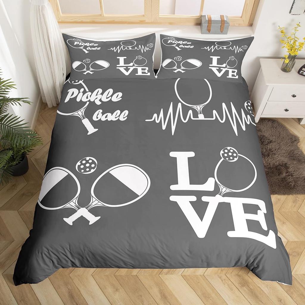 Pickleball Duvet Cover Full Size Ball Sports Gaming Bedding Set Yellow White Quotes Comforter Cover Black Microfiber Quilt Cover