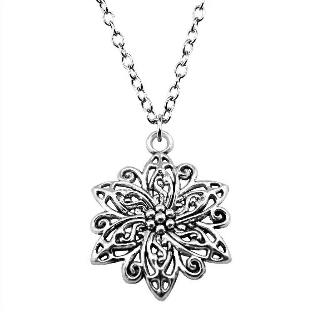 Vintage Rose Flower Charm Necklace Tree Of Life Pendant Antique Jewelry 43cm Chain