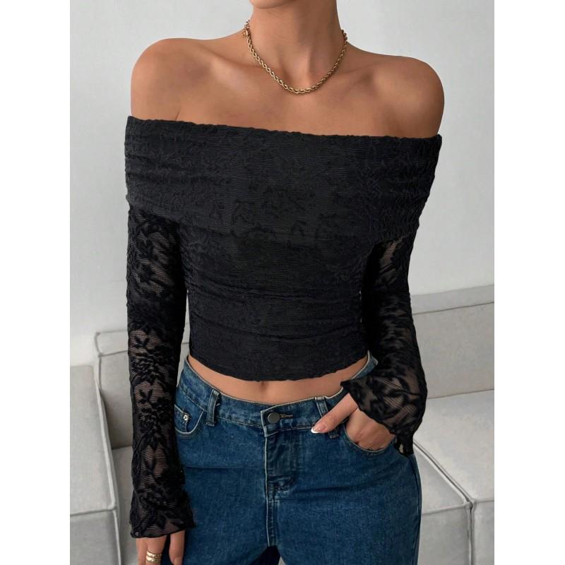 Womens Off-Shoulder Long Sleeve Slim Fit Knit Top - Elegant Chic Office Date Outfit 2025 Fall Collection