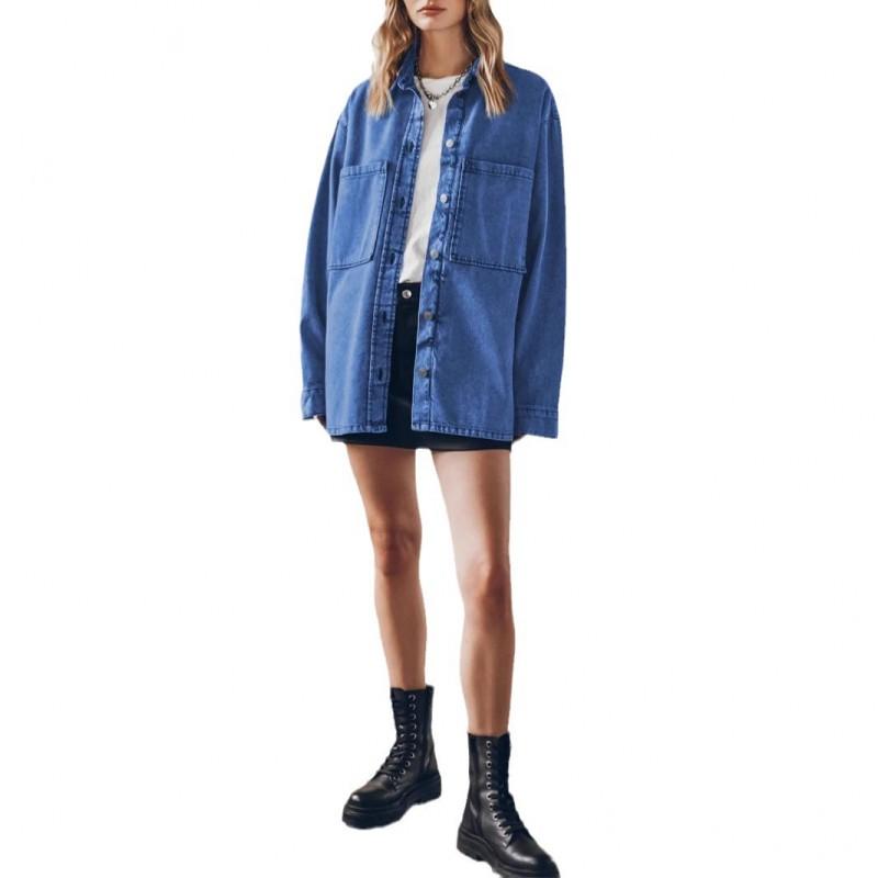 Womens Relaxed Fit Denim Shirt Jacket With Turn-Down Collar Large Pockets Blue Light 2025
