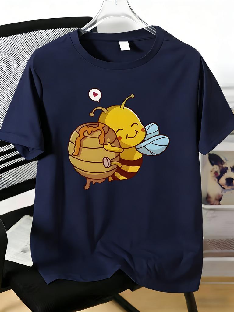 Unisexs Tee Cute Bee And Honey Jar Cartoon Print Cotton Short Sleeve Male Casual Streetwear Outdoor Daily Basic Fashion Top