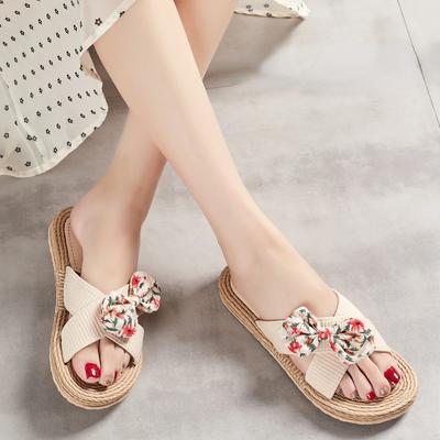 Neue Sommer handgemachte Damen Hausschuhe Hanf Seil unten einfarbig Mode Trend Indoor Outdoor Beige Blume Schleife Hausschuhe Schuhe