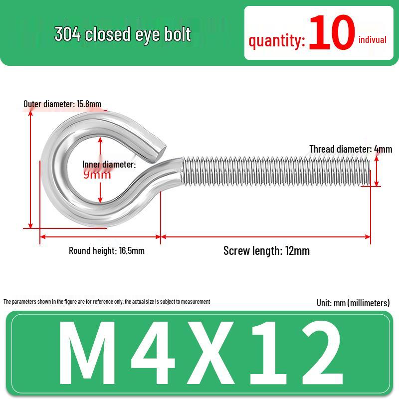 304 Stainless Steel Eyebolt with Ring Hook – Machine Thread Closed Eye Bolt (M4 M5 M6 M8)