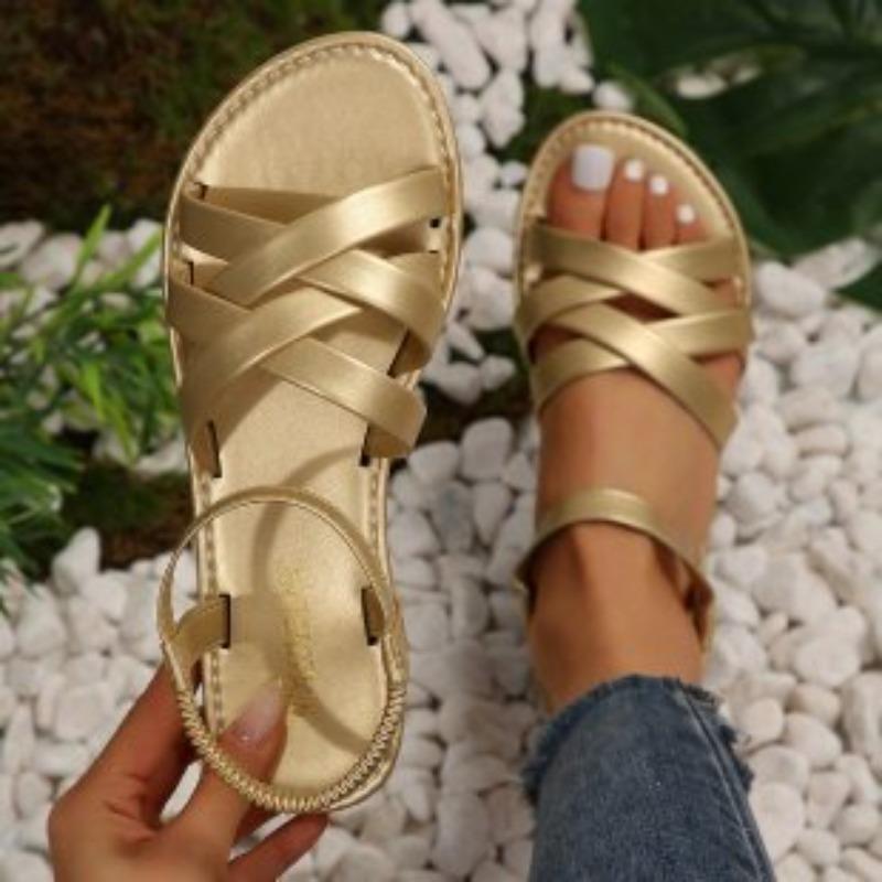 

New Large-sized Flat Sandals for Women, Elastic Cross-band Beach Shoes for Women 36 золотой