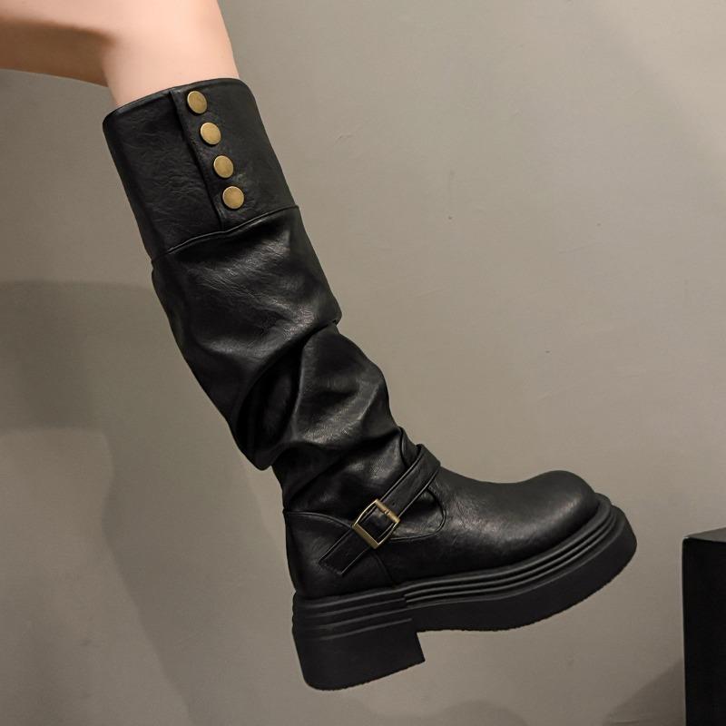 New Mid-calf Thick-soled Fashion Shoes for Women in Autumn and Winter with Belt Buckle Long Boots