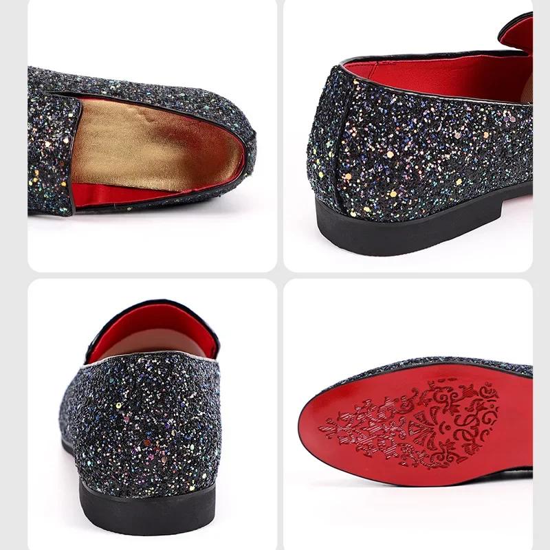 Men Loafer Dress Shoes Diamond Pointed Toe Shoes Gold Luxury Brand Men Paillette Fashion Mens Leather Shoes Zapatos Hombre