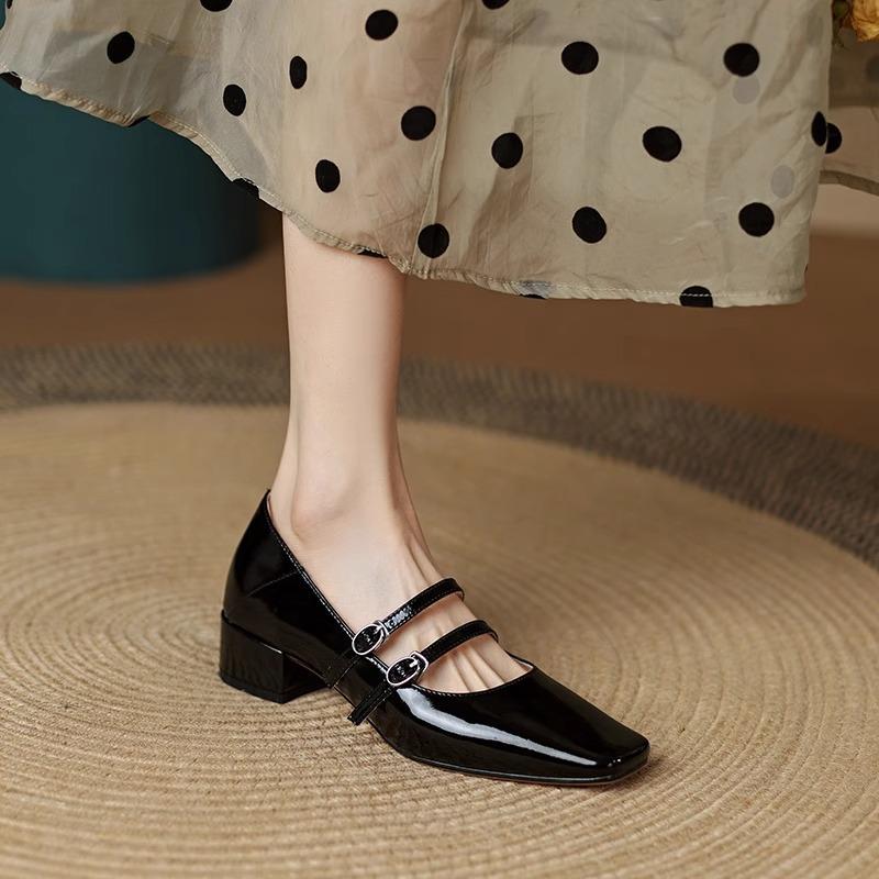 

Gentle retro silver square head with thick heel Mary Jane shoes new small leather shoes women 35 чорний