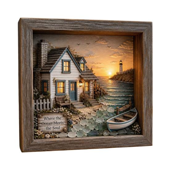 Sea Glass Art Painting with LED Light, DIY Mosaic Arts and Craft Kit, Ocean Themed Painting Kit, Beach Art Kit for Home Office Bookshelf Decoration