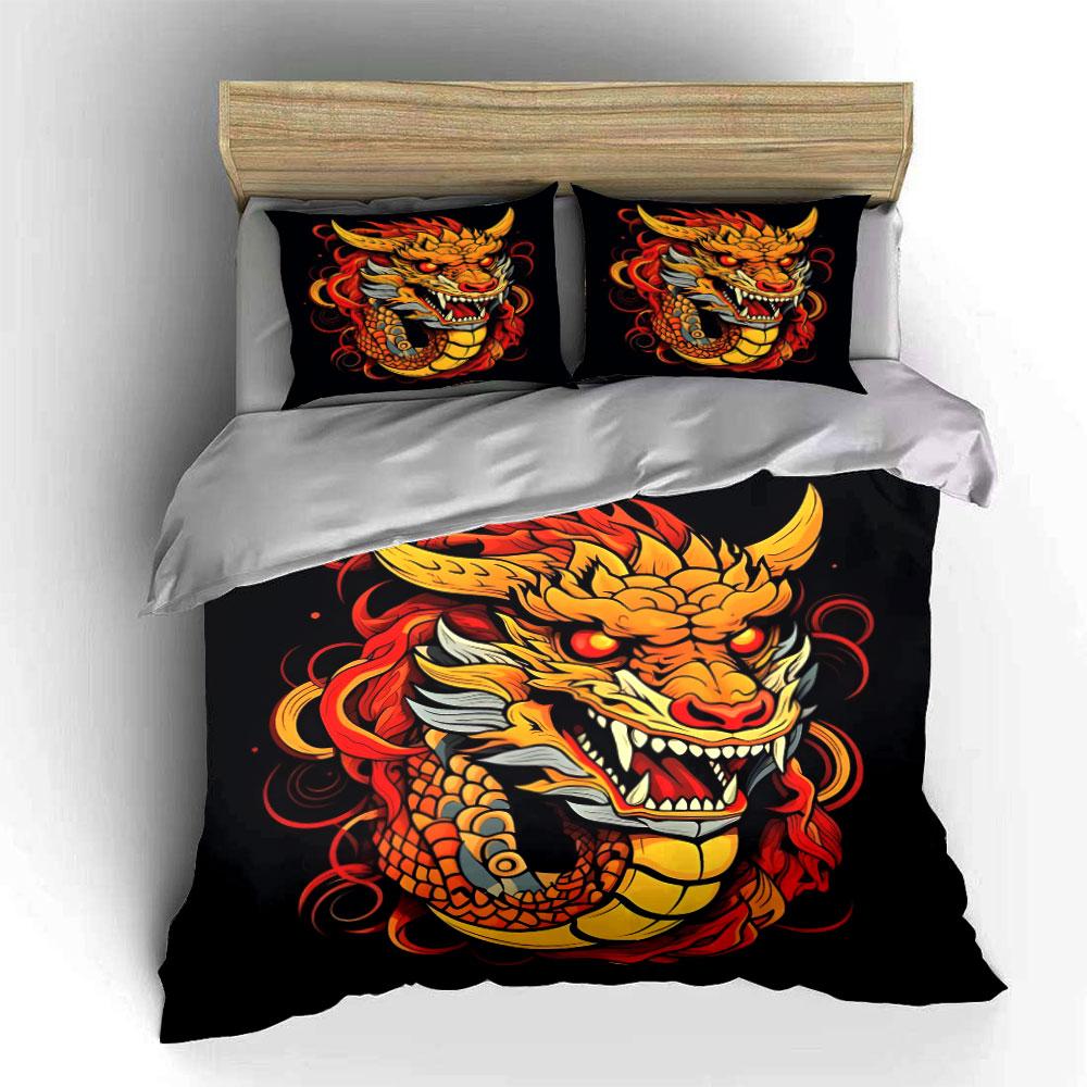 3Pcs Fiery Red Chinese Dragon Head Duvet Cover Set Black Base New Year Lucky Bedding Single Double King Queen Gift