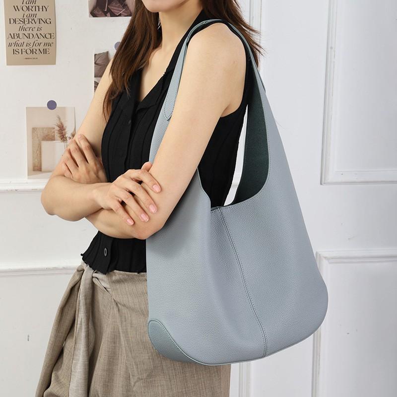 Genuine Leather Hobo Shoulder Bag Women Soft Water Bucket Tote Large Capacity Casual Style Magnetic