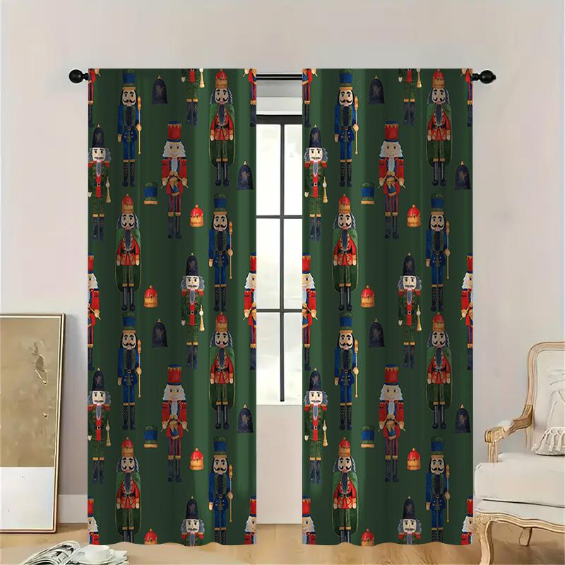 

2 шт. Рождественские шторы «Щелкунчик», Праздничные зеленые праздничные портьеры с красочным узором, Сезонный декор для гостиной и спальни 53cmX116cmX2pcs&Without mount