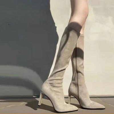 Fashion High Heeled Women Boots Knee High Boots High Quality Fashion Pointed Toe Side Zipper Suede High-heeled Women's Boots Botas Mujer