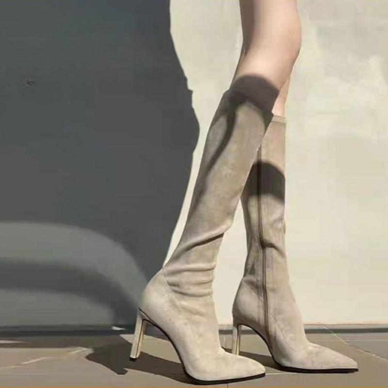 Fashion High Heeled Women Boots Knee High Boots High Quality Fashion Pointed Toe Side Zipper Suede High-heeled Women's Boots Botas Mujer